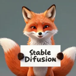 A fox holding a sign that says Stable Diffusion, smiling, digital art, art by silverfox5213