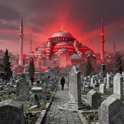 skyline of istanbul, cementary scenery, fantasy 3 d render, masterpiece, red aura, by donato giancola and greg rutkowski and wayne barlow and zdzisław beksinski