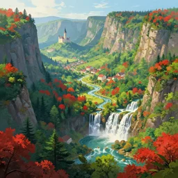 beautiful landscape forests mountains rivers red and green leaves many layers waterfalls villages castles, buildings artstation illustration sharp focus sunlit vista painted by ruan jia raymond swanland lawrence alma tadema zdzislaw beksinski norman rockwell tom lovell alex malveda greg staples