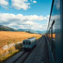 a train in beautiful landscape, at daytime, f / 1, 1 / 2 shutter speed, iso 4 0 0