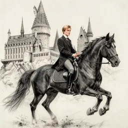 sketch of single Draco Malfoy riding one black horse at Hogwarts, drawings, by Mary GrandPré, extreme detail