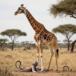 dramatic realistic jiraffe with octopus legs