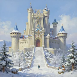 a highly detailed, realistic oil painting of Hyrule Castle from Zelda Ocarina of Time in Winter, snow, intricate, 8k highly professionally detailed, HDR