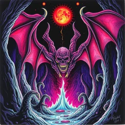 [ lovecraftian demon infested ] [ spawn ], by agnes lawrence pelton, by albert bierstadt, doodle, gel pen, polychromatic - colors, dark, angry, evil, essence, at the birth of time