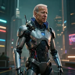 joe biden as a cyborg in cyberpunk 2 0 7 7, technological, movie footage, high - tech, still frame