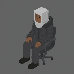 a fullbody isometric sprite of a 🧔🏿 wearing a gray do rag and a black winter puffer coat, sitting in a chair, assets, urban music studio, 2 bit