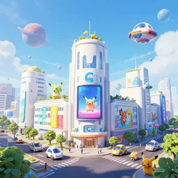 the square of a future urban city, white buildings + colorful decorative + led billboards + brand logo, cute future vehicles, cute spacecraft flying in the air, cute pokemon walking on the street, cute scene, huge universe, alien planet in the sky faraway, dokev, ratchet & clank, overwatch, splatoon 3