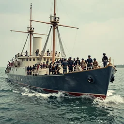 british troop arriving on warship hms comus landing on a beech in kerala 1921, cinematic, volumetric lighting, color graded
