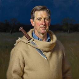 portrait of ted cruz wearing a burlap sack with a knife at night in texas, an oil painting by ross tran and thomas kincade