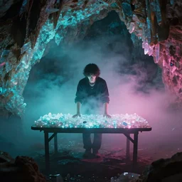 man on table, cave with crystals, glitter, volumetric light, foggy, smokey, moody, kodak photography, cyan and pink light