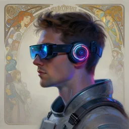 side view future coder man, sleek cyclops display over eyes and glowing headset, neon accents, holographic colors, desaturated headshot portrait digital painting byjohn berkey, tom whalen, alex grey, alphonse mucha, donoto giancola, dean cornwall, rhads, astronaut cyberpunk electric lights profile