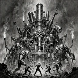 b & w inks of chromed radio tube meteor, 1 1 horrifying chromed machines in tiers, battle, by wayne d barlowe, boris vallejo, geof darrow, stefano tamburini, torch light, muted colors, epic, hyper detailed, awe inspiring, award winning horror, hyper realism, cinematic
