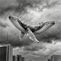 a whale swimming in the sky, a dark cloudy day, a shot from skyscrapper, pencil drawing, ultra realistic, dmt, volumetric lighting