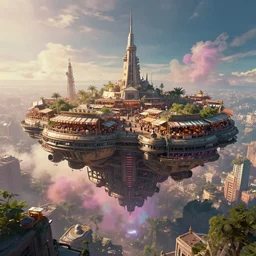 a film still from elysium by ian mcque - gigantic floating market vessel flies through the city, medium shot, waist up, bloom, dramatic lighting, behance, game environment design, artstation, deviant art,