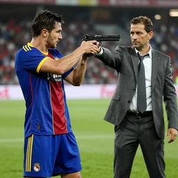 A professional soccer player in a blue, red and yellow uniform being held at gunpoint by a man in a disheveled business suit