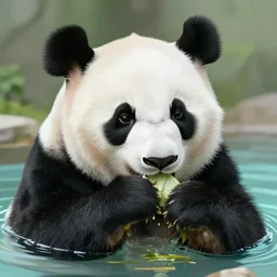 detailed and realistic panda in a pool of chewing digital painting artstation