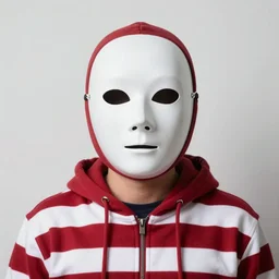 portrait of a person wearing featureless white mask, wearing red and white stripes hoddie