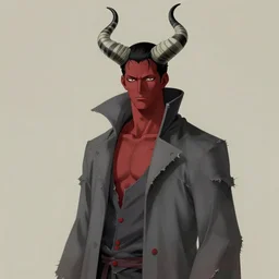 anime art handsome tall man with narrow face and dark red skin, large curved black and white striped imp horns on a head, tattered slate gray collared coat with red buttons, art by dustin nguyen akihiko yoshida greg tocchini, portrait shot, empty background, elegant, hyperrealism, morandi color scheme, octane render, commission art