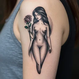 stylised tattoo of a female figure holding a rose