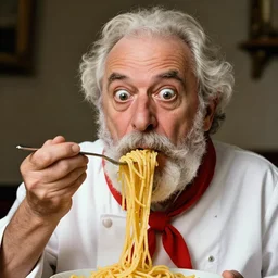 extremely detailed portrait of old italian cook, spaghetti mustache, slurping spaghetti, spaghetti in the nostrils, spaghetti hair, spaghetti beard, huge surprised eyes, shocked expression, scarf made from spaghetti, full frame, award winning photo by david lachapelle