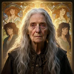 highly detailed portrait of a very old woman with long hairs, stephen bliss, unreal engine, fantasy art by greg rutkowski, loish, rhads, makoto shinkai and lois van baarle, ilya kuvshinov, rossdraws, tom bagshaw, alphonse mucha, global illumination, radiant light, detailed and intricate environment