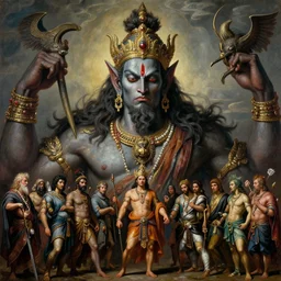 a beautiful cinematic masterpiece gothic headshot portrait of majestic colossal hindu tribal asura king demon god ravan from ramayan, by tim hildebrandt, by anders zorn, by sandro botticelli, by caravaggio, by wayne barlowe, by bruce pennington, by greg rutkowski, oil on canvas, trending on artstation and pixiv, brilliant diffused studio lighting, sharp, hyper - detailed, cinematic composition, no frames, hd, 8 k
