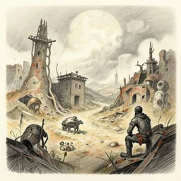 post apocalyptic world, color pencil illustration