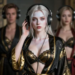 cassandra cain portrait, pale black and gold silk robe and decollete bra, wearing headphones, listening to music, art by artgerm, wlop, loish, ilya kuvshinov, 8 k realistic, hyperdetailed, beautiful lighting, detailed background, depth of field, symmetrical face, frostbite 3 engine, cryengine,