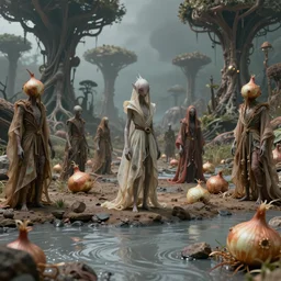 a photo of several beings wearing strange flowing clothes on an alien planet where a humanoid species are evolved from onions, there are strange trees in the background and a river of grey liquid in the foreground, highly detailed