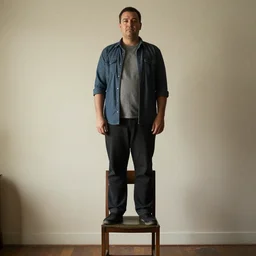 a large man standing on a chair