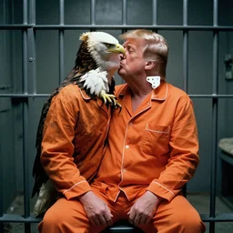 Medium Shot Donald Trumps wearing orange pajamas kissing an american eagle while sitting in a jail cell in solitary confinement, octane, dramatic lighting, editorial photo, 35mm, very detailed