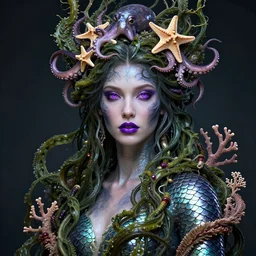 portrait of a beautiful nordic water goddess, fish scale skin, purple eyes, purple lips, entwined in seaweed and coral, an octopus and starfish crown, highly detailed, sci - fi, intricate, decadent, octane render, concept art, smooth, sharp focus, hyper - realistic