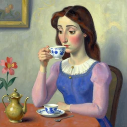 a woman drinking tea by Pablo Picasso by Pixar!!!