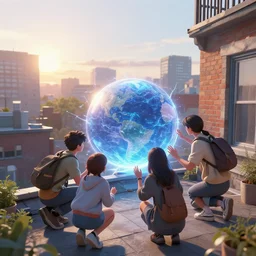 the young travelers open the multiversal rift from their rooftop porch in montreal, sunrise, digital art, stunning detail