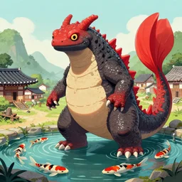 Godzilla-like game character giant kaiju sized pond dragon half salamander, wet amphibious skin, red salamander, axolotl creature, koi pond, korean village by Ruan Jia and Gil Elvgren, fullbody