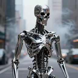 terminator endoskeleton close up with a city street background, smoke, fi, chrome, shiny, reflective, metallic, 3 d, render, realistic, hdr, stan winston studios, dramatic lighting, flame colors bright