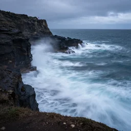 long exposure shot of waves crashing against a cliff