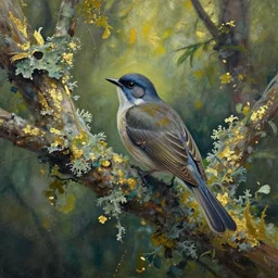 bird in the lichen rainforest. gouache and gold leaf work by the award - winning mangaka, bloom, chiaroscuro, backlighting, depth of field.