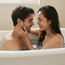 beautiful lovers happy in a tub together