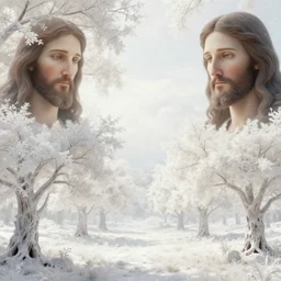 a fantasy landscape with white beautiful trees and jesus, jesus christ, perfect faces