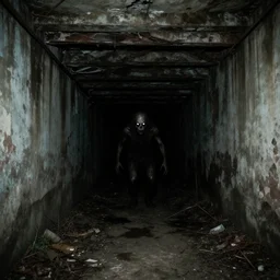 creature lurking in the shadows with glowing eyes underground subway tunnel dilapidated ruins dirty scary horror vibes, matte painting, flash photography, low angle photo