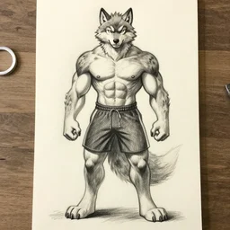 master furry artist pencil sketch full body portrait character study of the anthro male anthropomorphic wolf fursona animal person wearing gym shorts bodybuilder at gym