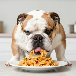 bulldog eating pasta