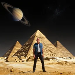portrait character standing gigantic solar pyramids towering over a small city meteor in the dark starry sky of saturn by kelly freas