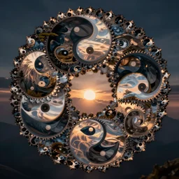 a fractal made of interlocking overlapping yin yangs