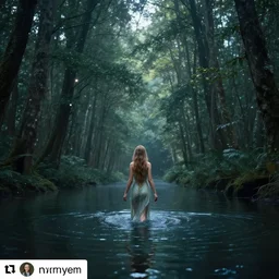 forest nymph rising from the water. view from behind, wide angle view, back view. nuri iyem, james gurney, james jean, greg rutkowski, anato finnstark. trending on artstation, starlight, and enchanted dreams. instagram photo shoot, sigma 3 5 mm, award winning photography, female