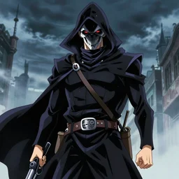 a shot of a grim reaper as gunsliger man in trigun series, movie shot, anime, hightly detailed, rescalated 4 k, detailed