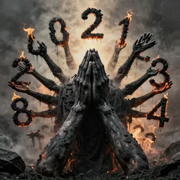 as in prayer, all the arms to twelve, numerals built of coal, firewalk, pull me out of the shame, father time, forgive thy sins, showing mercy to abiding short - sightedness, i have been a fool to linger on this body, how could i ever escape, shackled to the nature of my sardonic phrase, cinematic, highly detailed