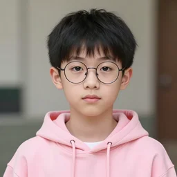 portrait image of a cute androgynous young man with black hair and circular glasses wearing a pink hoodie, clean shaven, trending on artstation, facial symmetry, chibi style, soft lighting, post processing, blur,