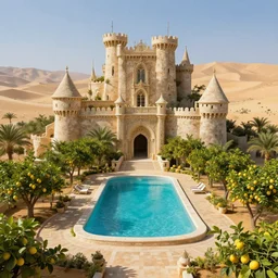 adobe castle with large swimming pool surrounded by lemon trees in the desert, game of thrones, volumetric lighting, fantasy artwork, very beautiful scenery, very realistic painting effect, hd, hdr, cinematic 4 k wallpaper, 8 k, ultra detailed, high resolution, artstation